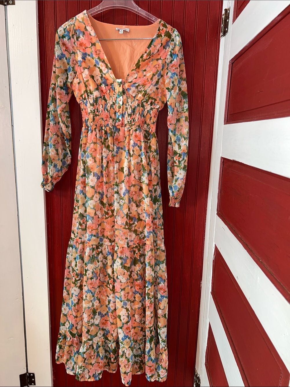 Floral V-Neck Long Sleeve Maxi Dress - Coral Multi